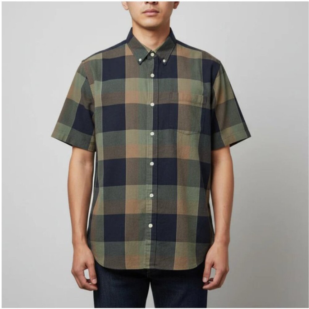 Outerknown Plaid Cotton Shirt Mens XL Green Short Sleeve Button Down
